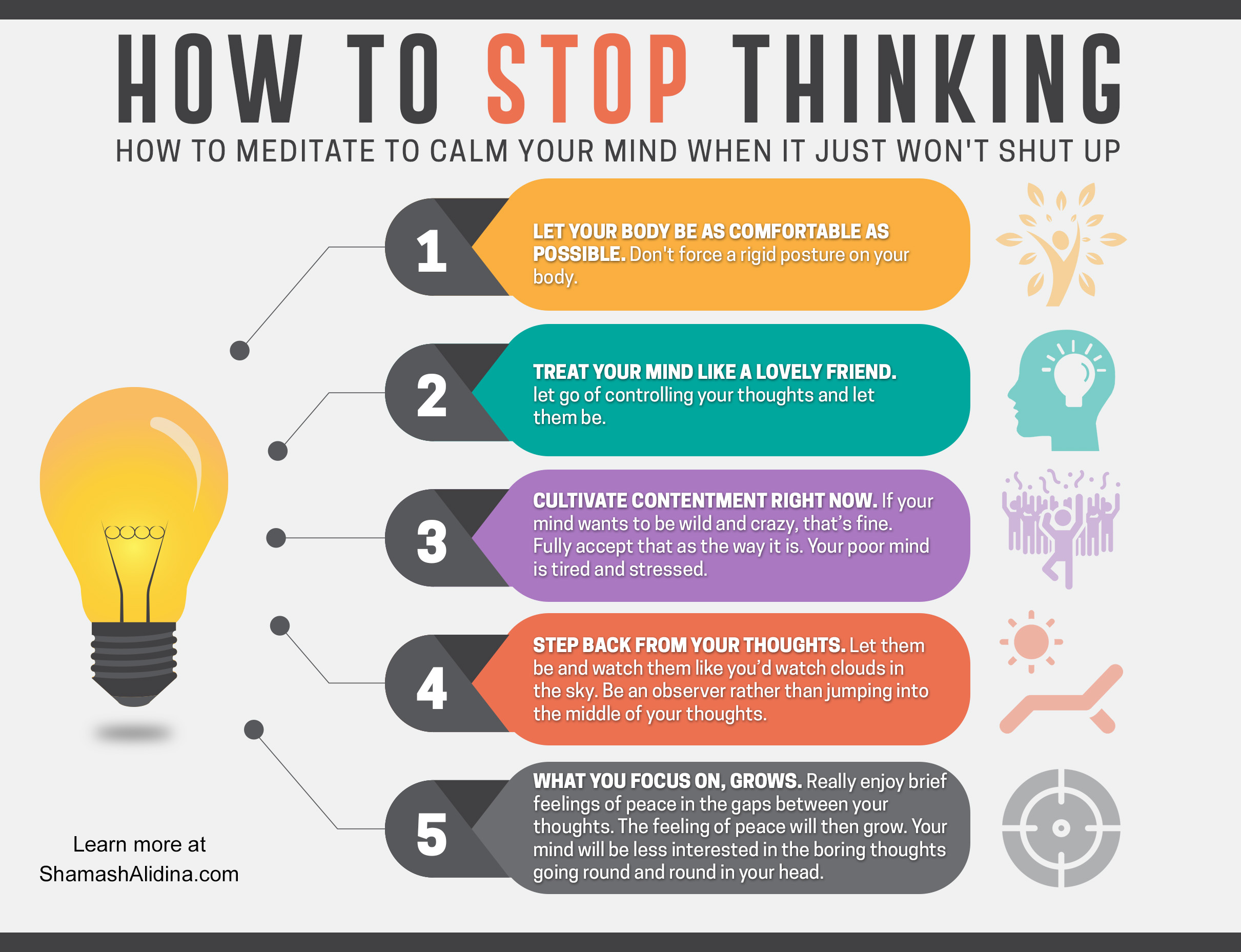 Infographic on how to stop overthinking and calm your mind with meditation