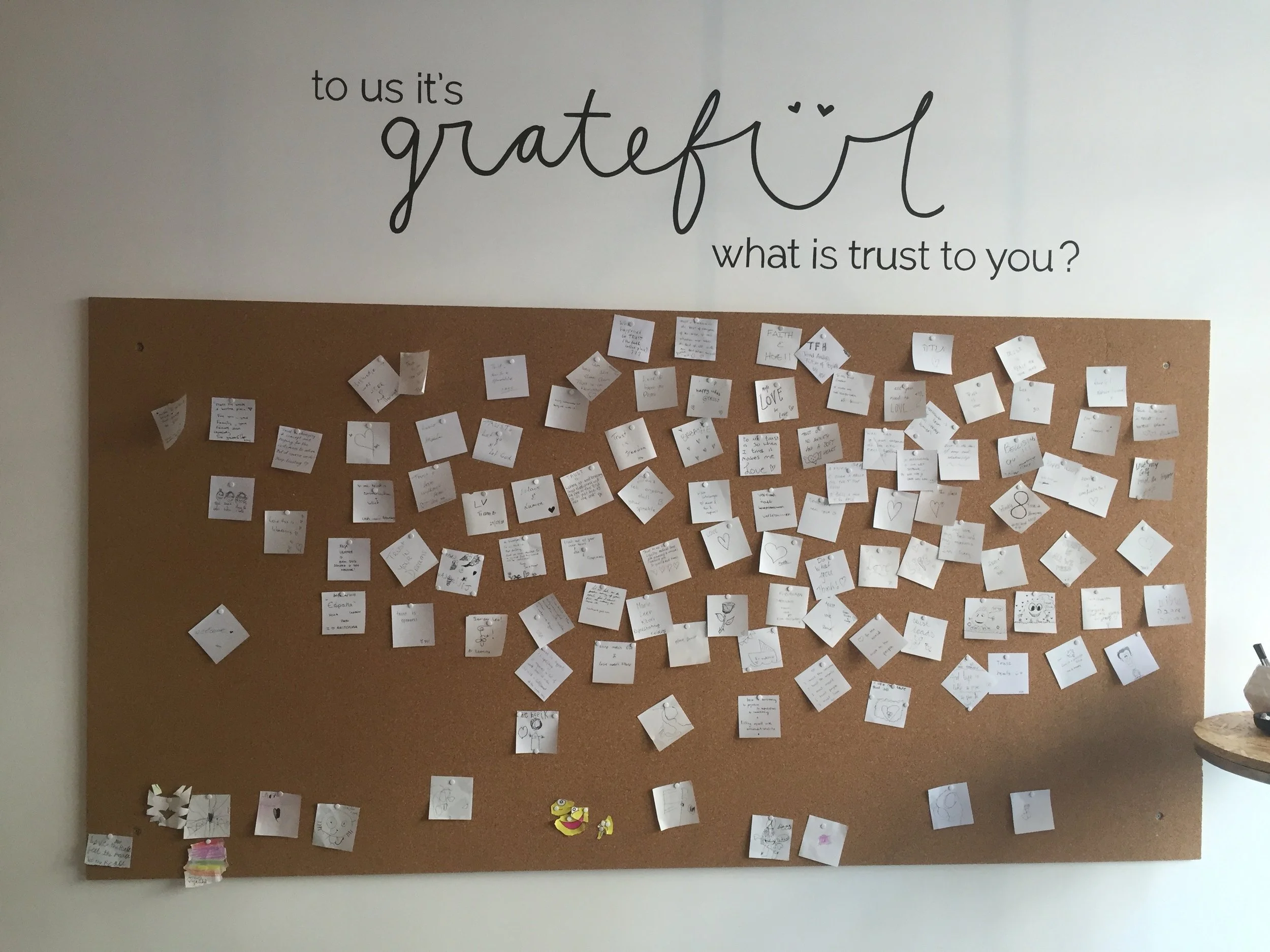 A gratitude wall in the shop, celebrating trust.