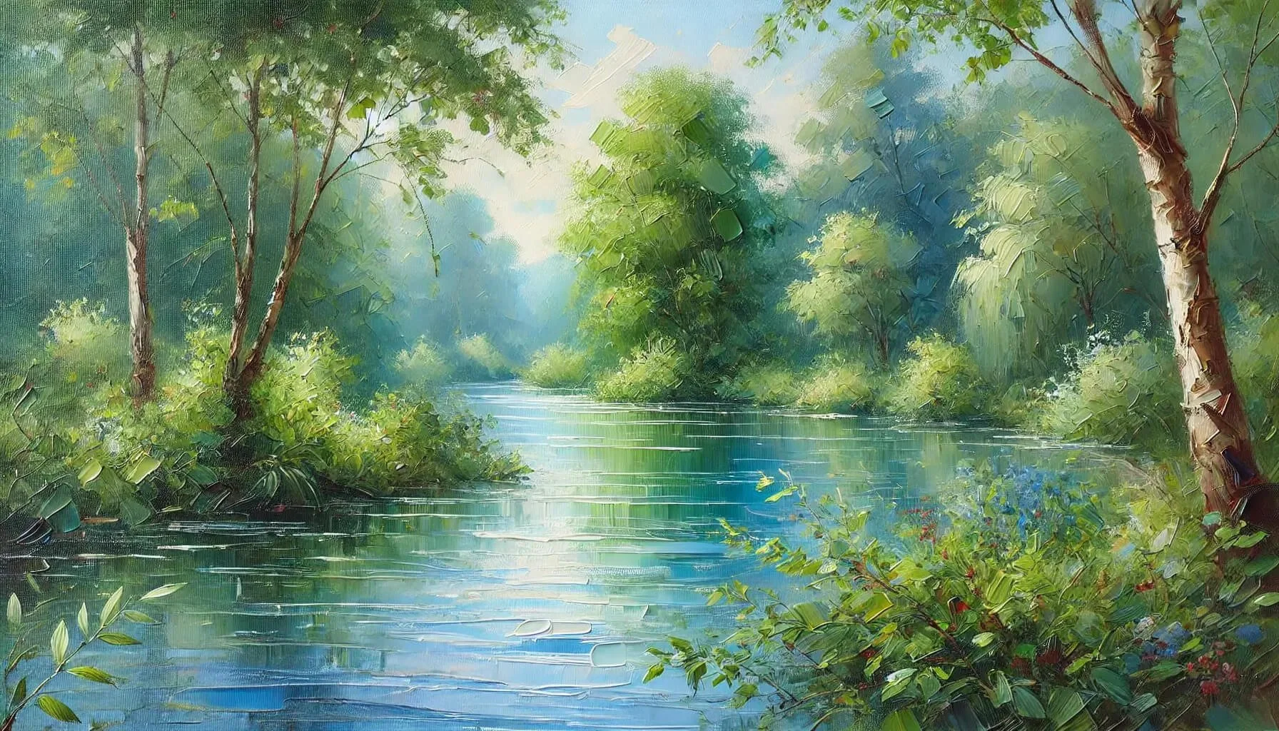 calming painting of a river in a forest - time in nature can help  with trauma