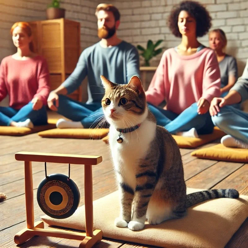 cat leading a mindfulness retreat….a rare photo of a cat actually awake. credit: Shamashalidina.com