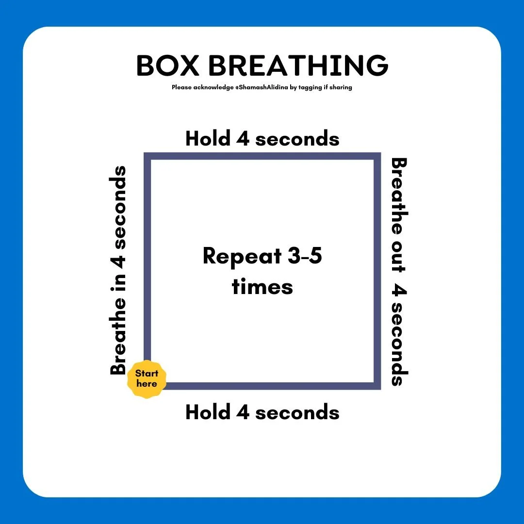 box breathing exercise. 4 seconds in, hold, out, hold. often used by navy seals and sometimes called tactical breath too
