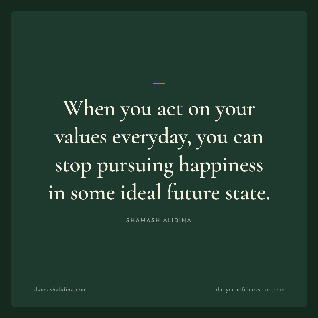 When you act on your values everyday, you can stop pursuing happiness in some ideal future state., act quotes, © Shamash Alidina