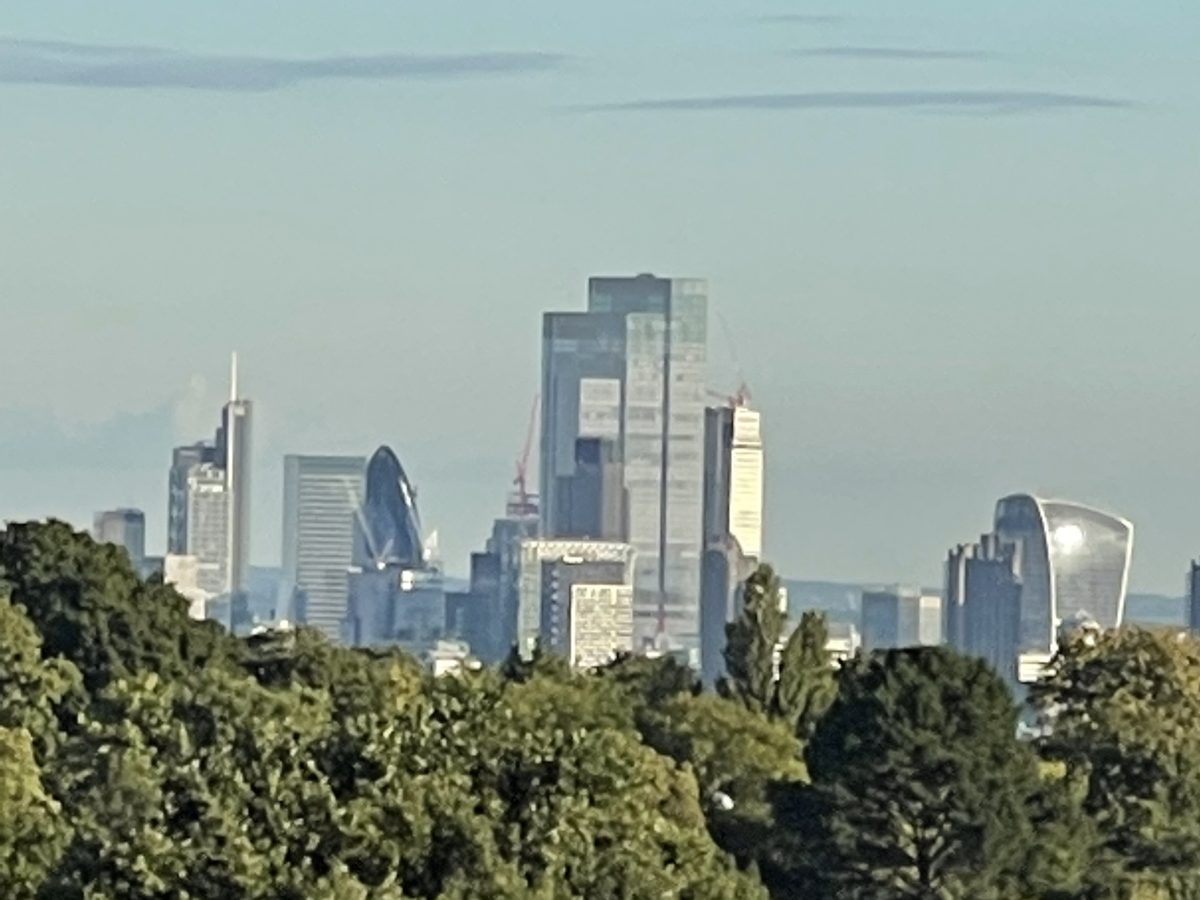 The City of London skyline seen over the trees from Hampstead Heath