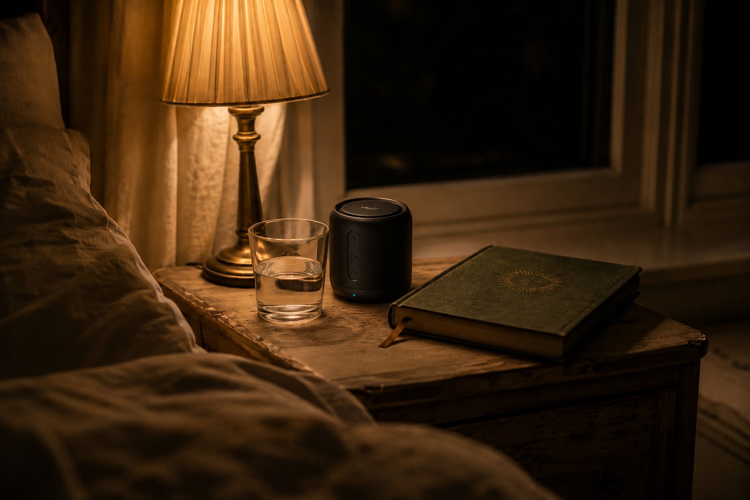 A bedside table at night, lit by a small lamp: a glass of water, a green
             clothbound book, and the small black player with a single blue light. No phone.